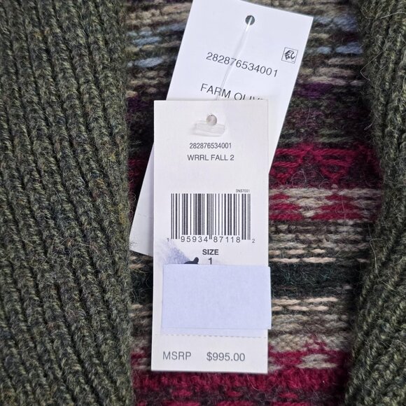 RRL Ralph Lauren Sweater Women 1 S Green Fair Isle Cardigan Duster Alpaca NEW - Picture 10 of 14